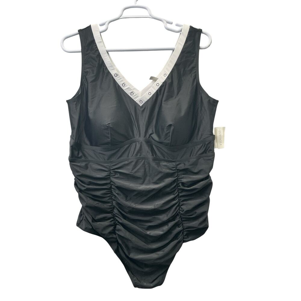 CURVAGILE Plus Size One Piece Swimsuit Tummy Control Deep V Plus SZ.4X -26 Black